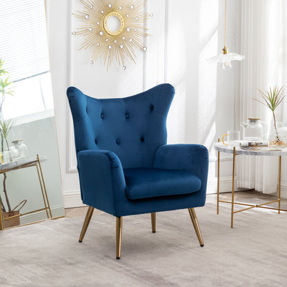 Sovarol - Velvet Button-Tufted Wing Back Accent Chair - Blue