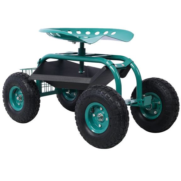 Green garden scooter cart with 360 swivel seat, black tool tray, and wire front basket