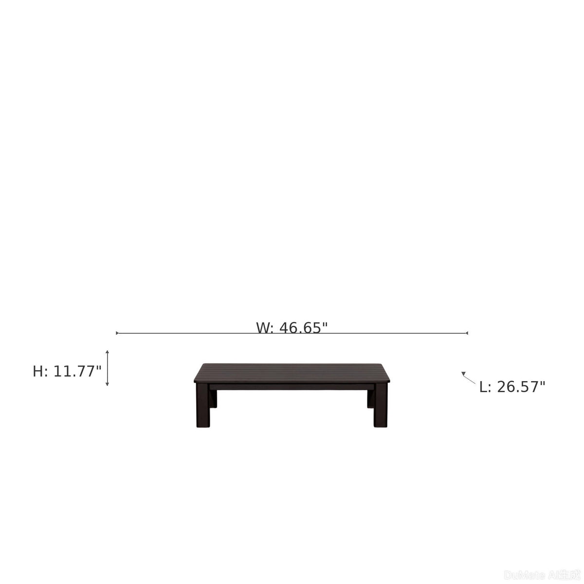 Dark espresso coffee table, 46.65W x 11.77H x 26.57L, slatted top