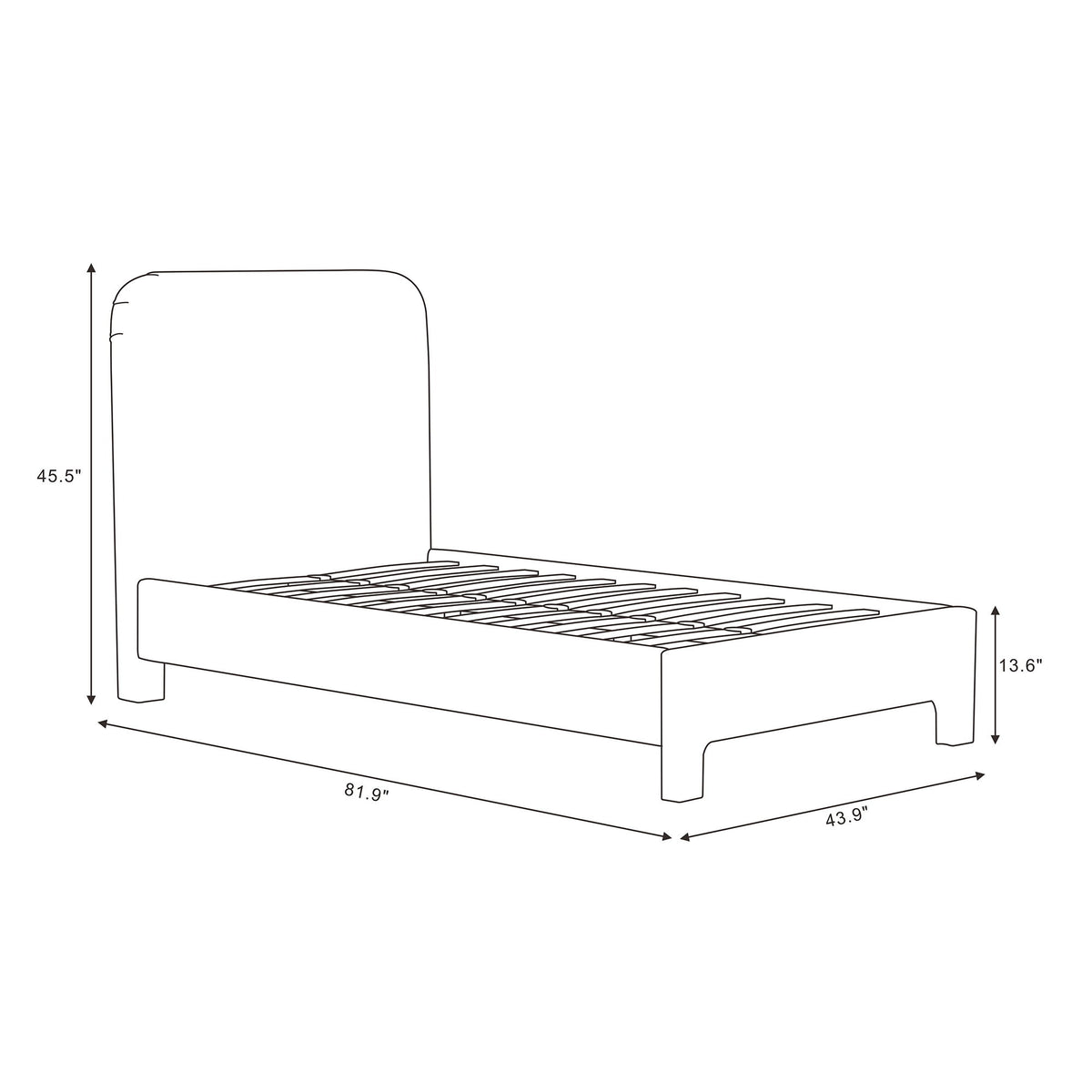 Upholstered bed frame with rounded headboard, slat support base, side view measurements