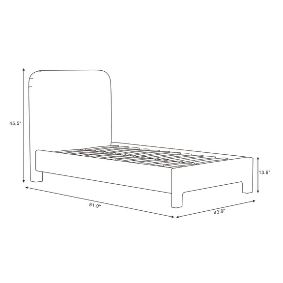 Upholstered bed frame with rounded headboard, slat support base, side view measurements
