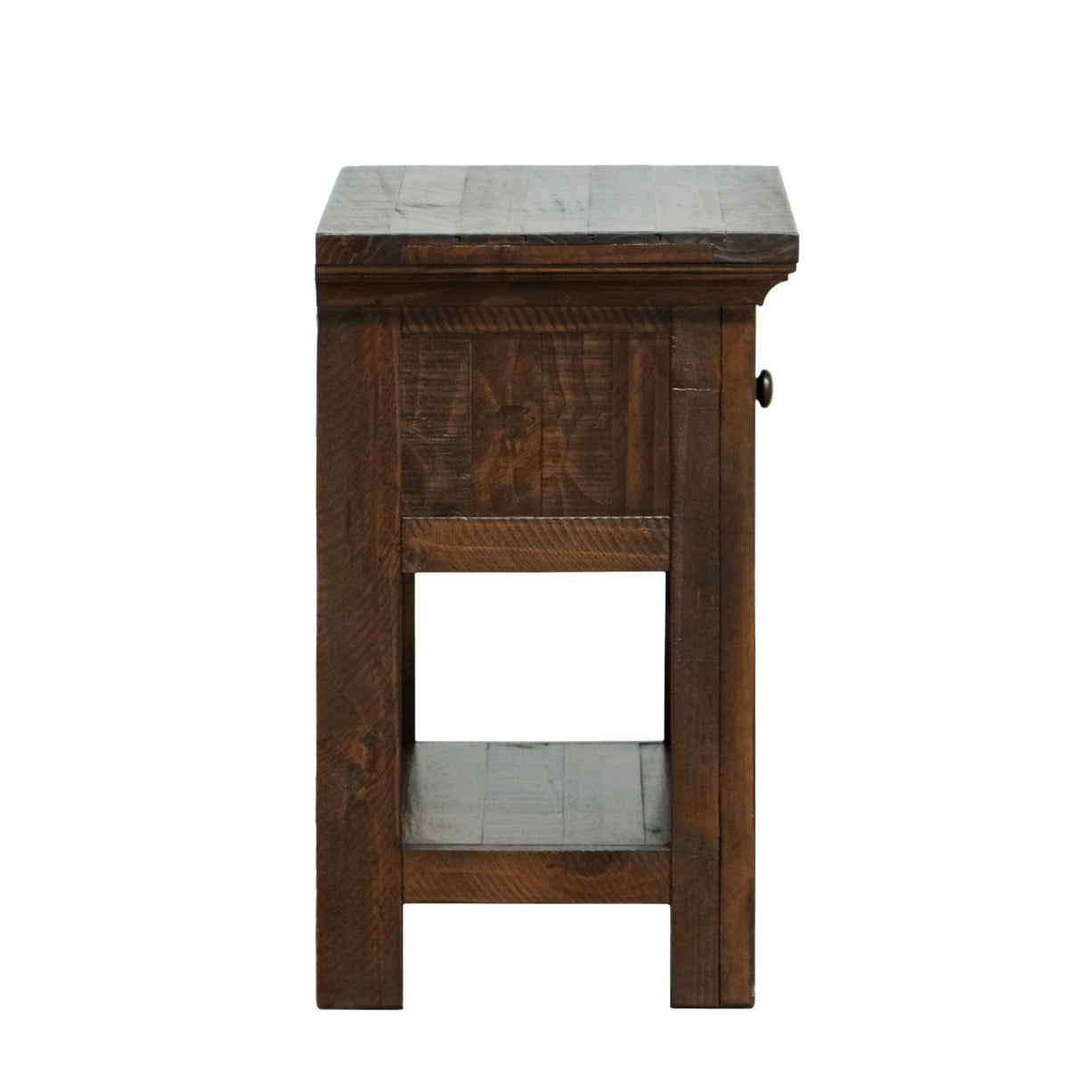 Brown wooden nightstand with cabinet door-style panel and open lower shelf