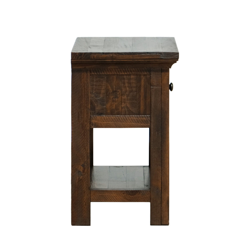 Brown wooden nightstand with cabinet door-style panel and open lower shelf
