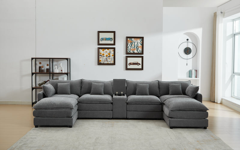 4-Piece Modern U-Shaped Chenille Sectional Sleeper Sofa - Coffee Chenille