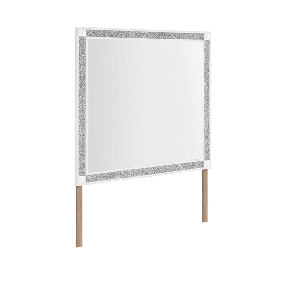Rectangular mirror with silver-speckled frame, white trim, and light wood support legs