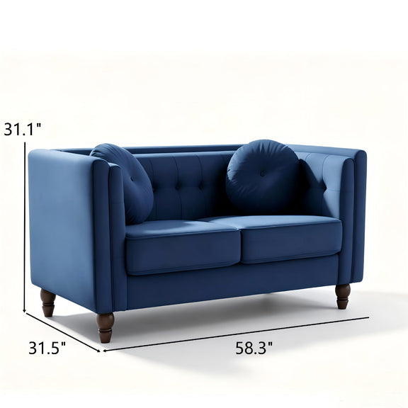 Blue tufted 2-seater loveseat with round arm cushions and button-tufted back and seat.