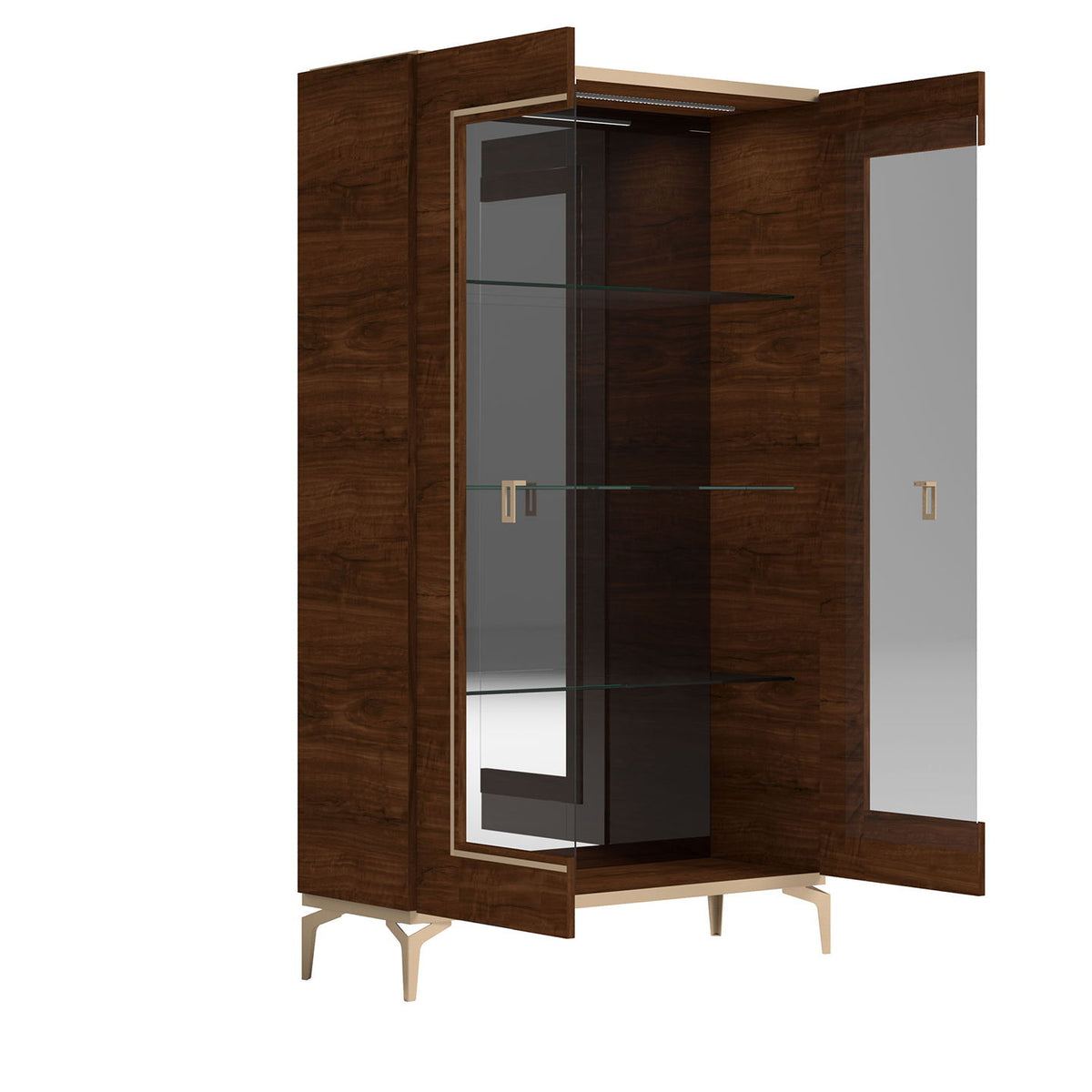 Dark brown two-door china cabinet with glass doors, right door open