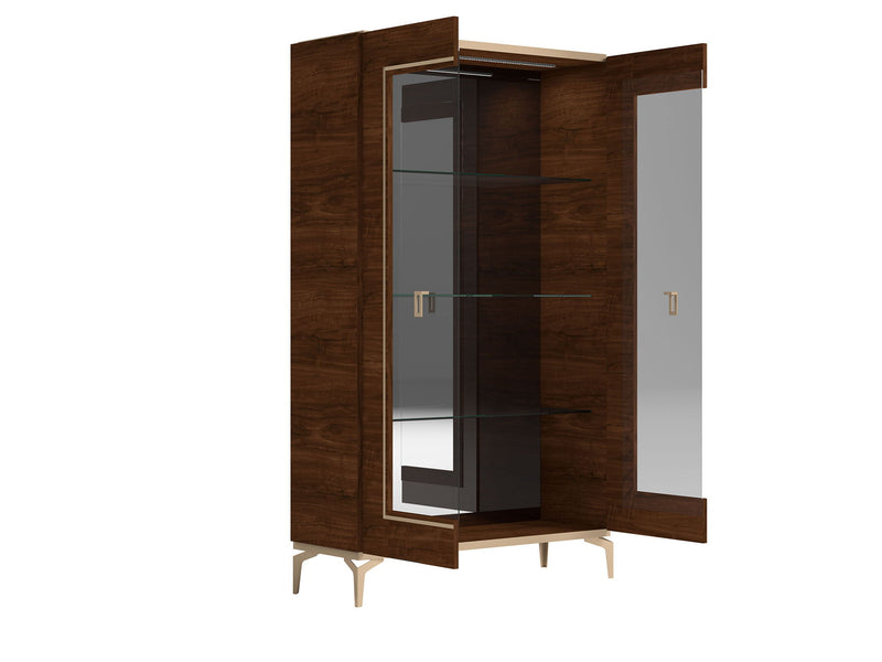 Dark brown two-door china cabinet with glass doors, right door open