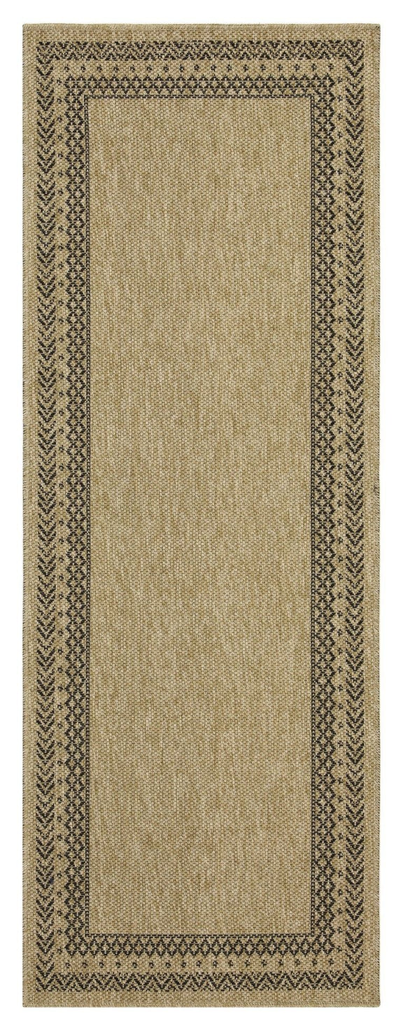 Light brown area rug with dark geometric border and centered rectangular panel.