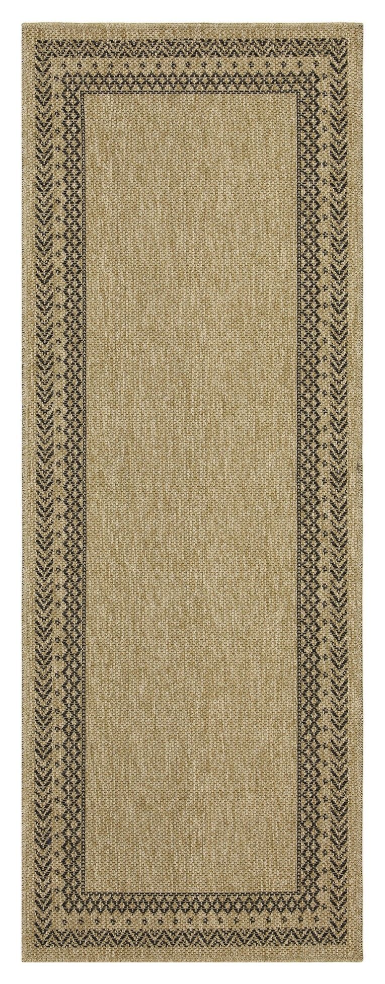 Light brown area rug with dark geometric border and centered rectangular panel.