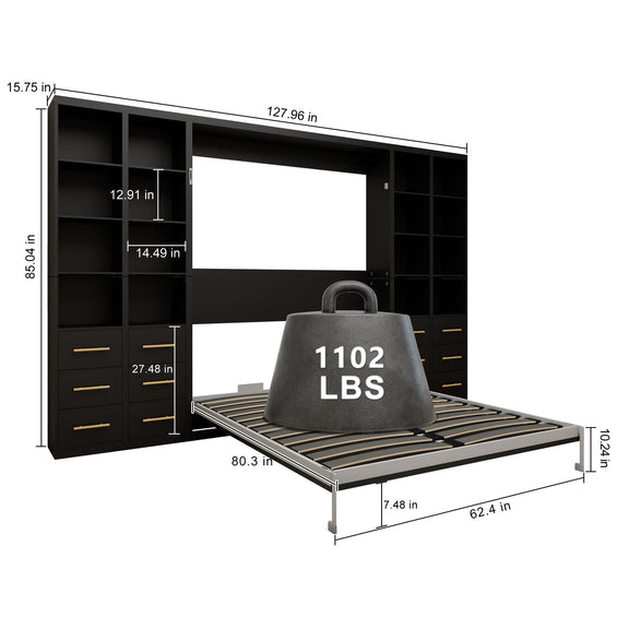 Vertical Murphy wall bed with storage cabinet, open frame, 1102 LBS, side view