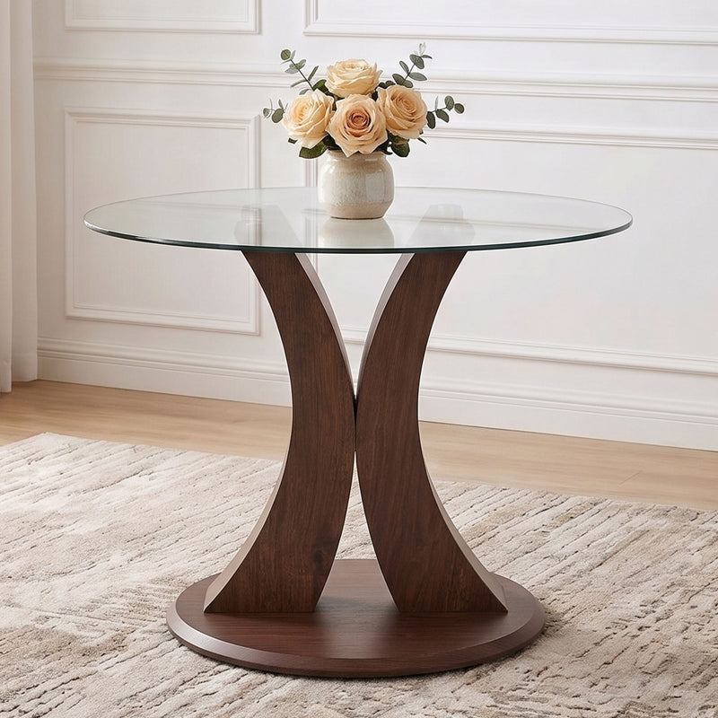2 In 1 Round Glass Dining Table With Adjustable Curved Base, - Transparent / Walnut