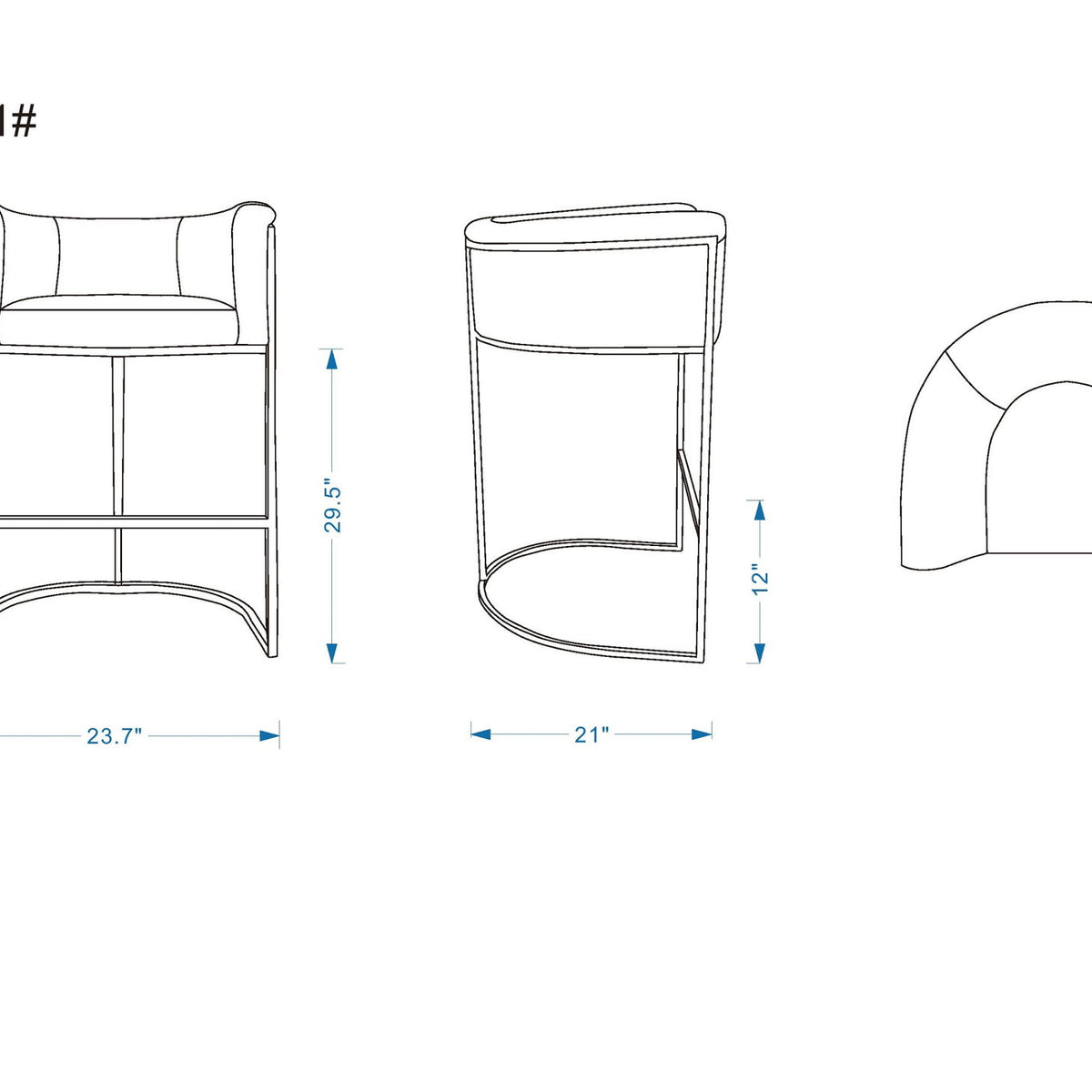 Barstool dimension diagram with front, side, and top views