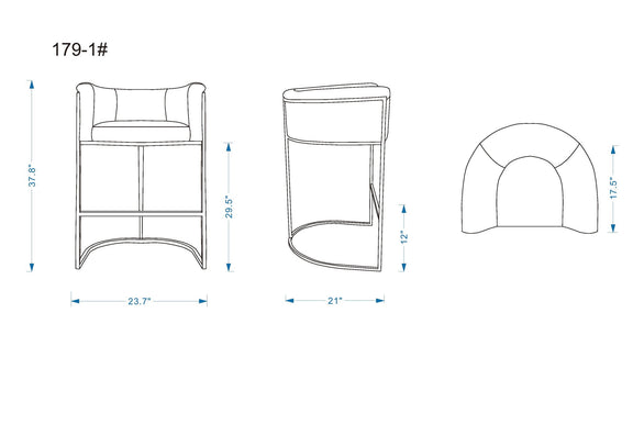 Barstool dimension diagram with front, side, and top views