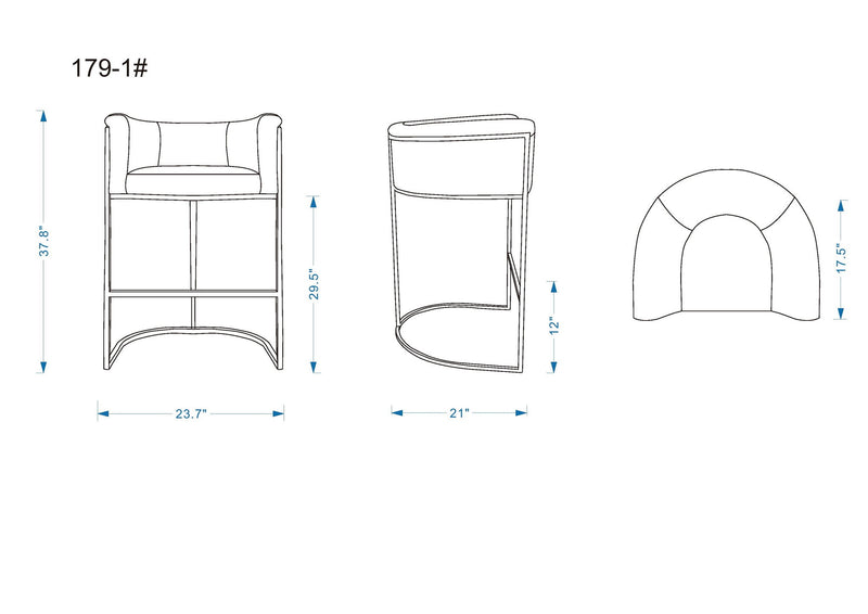 Barstool dimension diagram with front, side, and top views