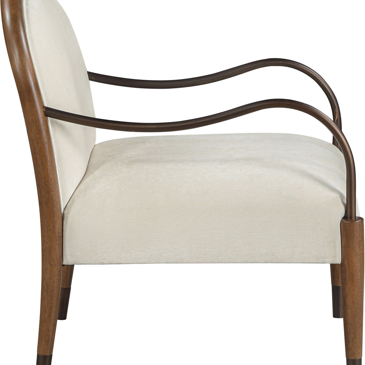 White fabric upholstered accent chair, angled view of arched back and arms
