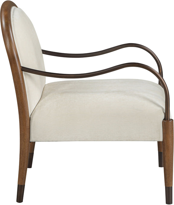 White fabric upholstered accent chair, angled view of arched back and arms