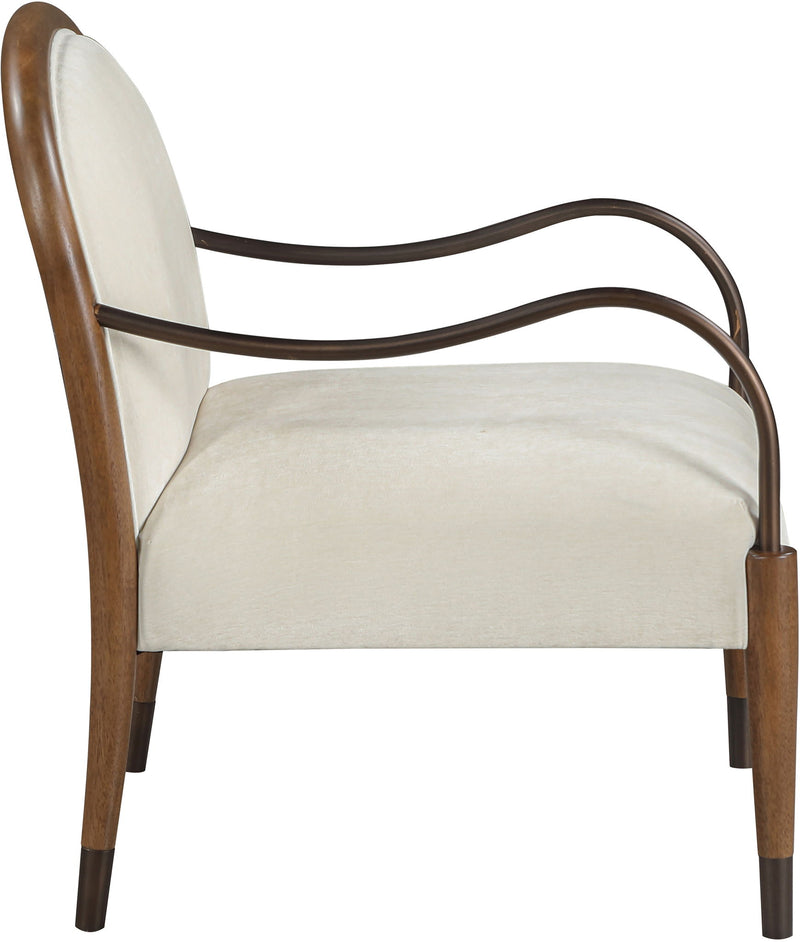 White fabric upholstered accent chair, angled view of arched back and arms