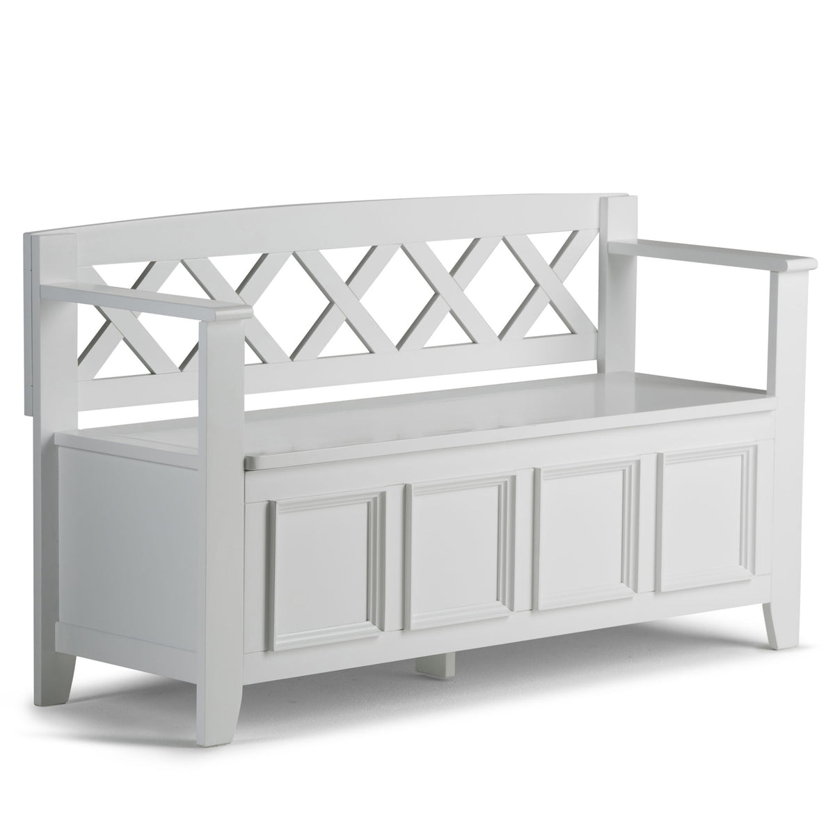 Handcrafted entryway storage bench in white with cross-lattice back and paneled storage doors