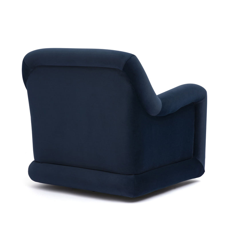 Navy blue upholstered swivel chair with curved back and rounded seat cushion.