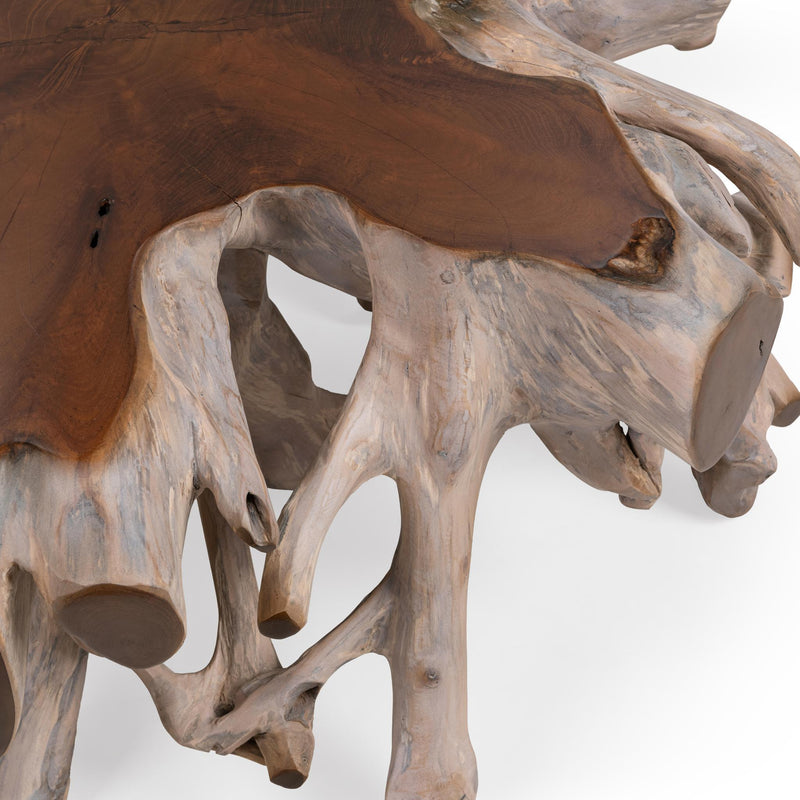 Close-up of carved wooden legs with dark brown underside and natural wood grain