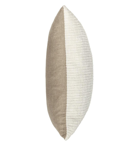 Rectangular decorative pillow, beige textured fabric with contrast white side panel