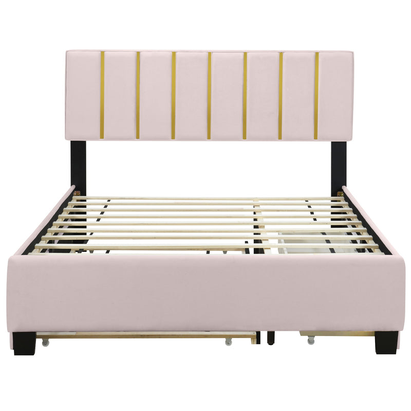 Upholstered Platform Bed With 2 Drawers And 1 Trundle, Classic Strip Headboard Design