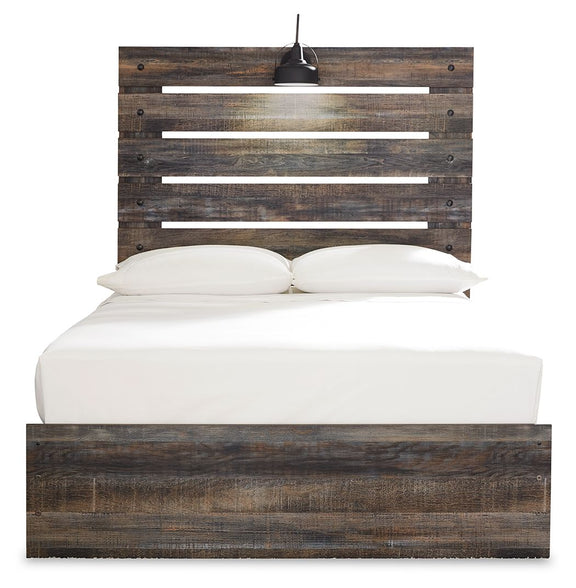 Panel bed with dark wood headboard slats and a solid platform base