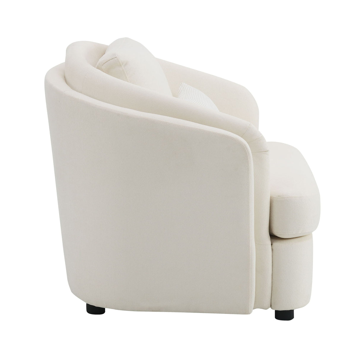 Beige upholstered armchair angled view, thick backrest and side arm cushions