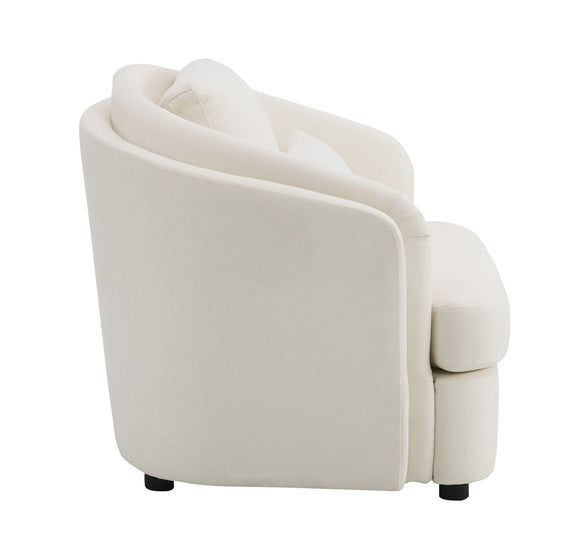 Beige upholstered armchair angled view, thick backrest and side arm cushions