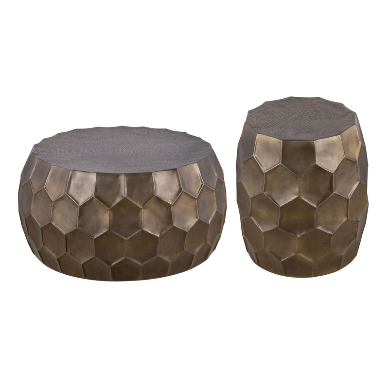 2-piece round ottoman table set, bronze metal hex-pattern sides, gray top