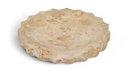Beige genuine marble bowl with natural stone veining and scalloped rim edges