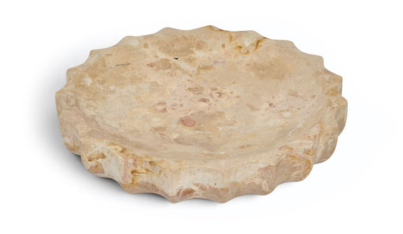 Beige genuine marble bowl with natural stone veining and scalloped rim edges