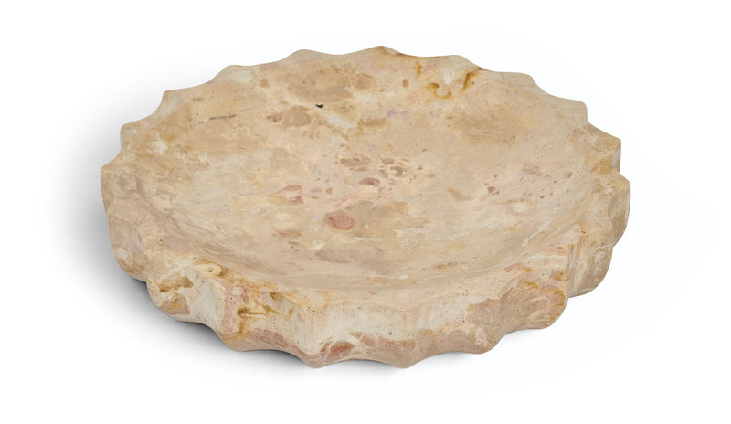 Beige genuine marble bowl with natural stone veining and scalloped rim edges