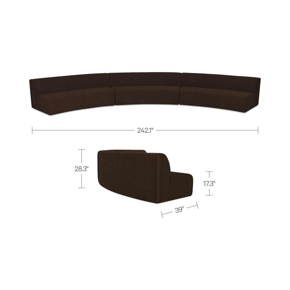 Dark brown modular sectional sofa set shown with size measurements and corner module