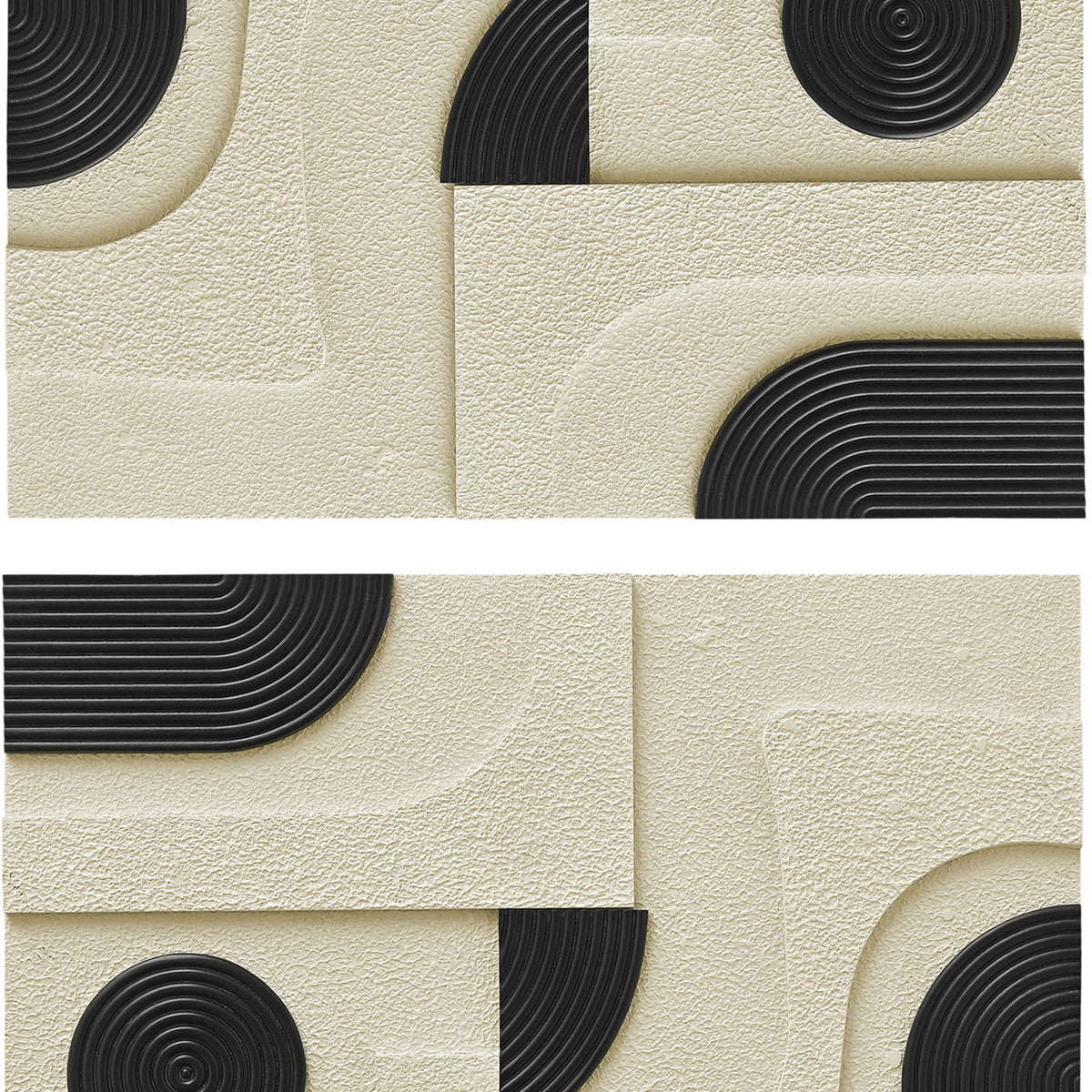 Mango wood wall art with circular ring motifs in black and cream on textured panel