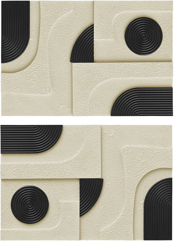 Mango wood wall art with circular ring motifs in black and cream on textured panel