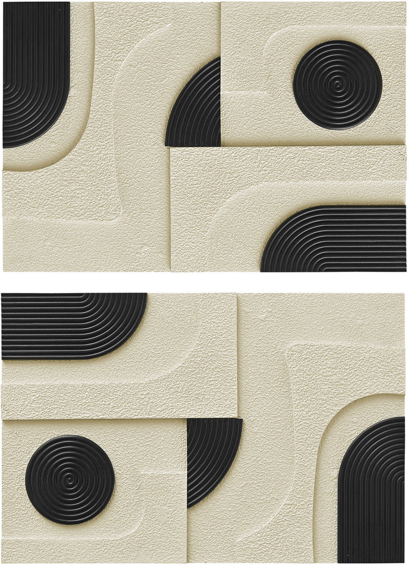 Mango wood wall art with circular ring motifs in black and cream on textured panel
