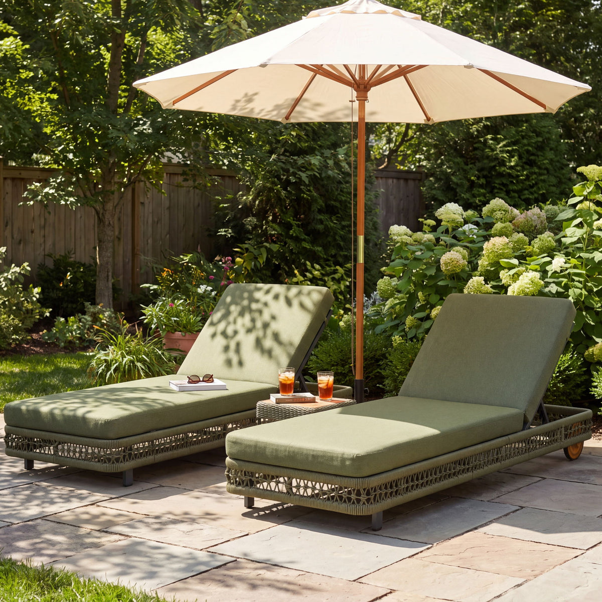 Two dark green outdoor chaise lounges with adjustable backrests and rolling wheels