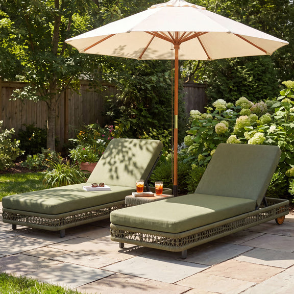 Two dark green outdoor chaise lounges with adjustable backrests and rolling wheels