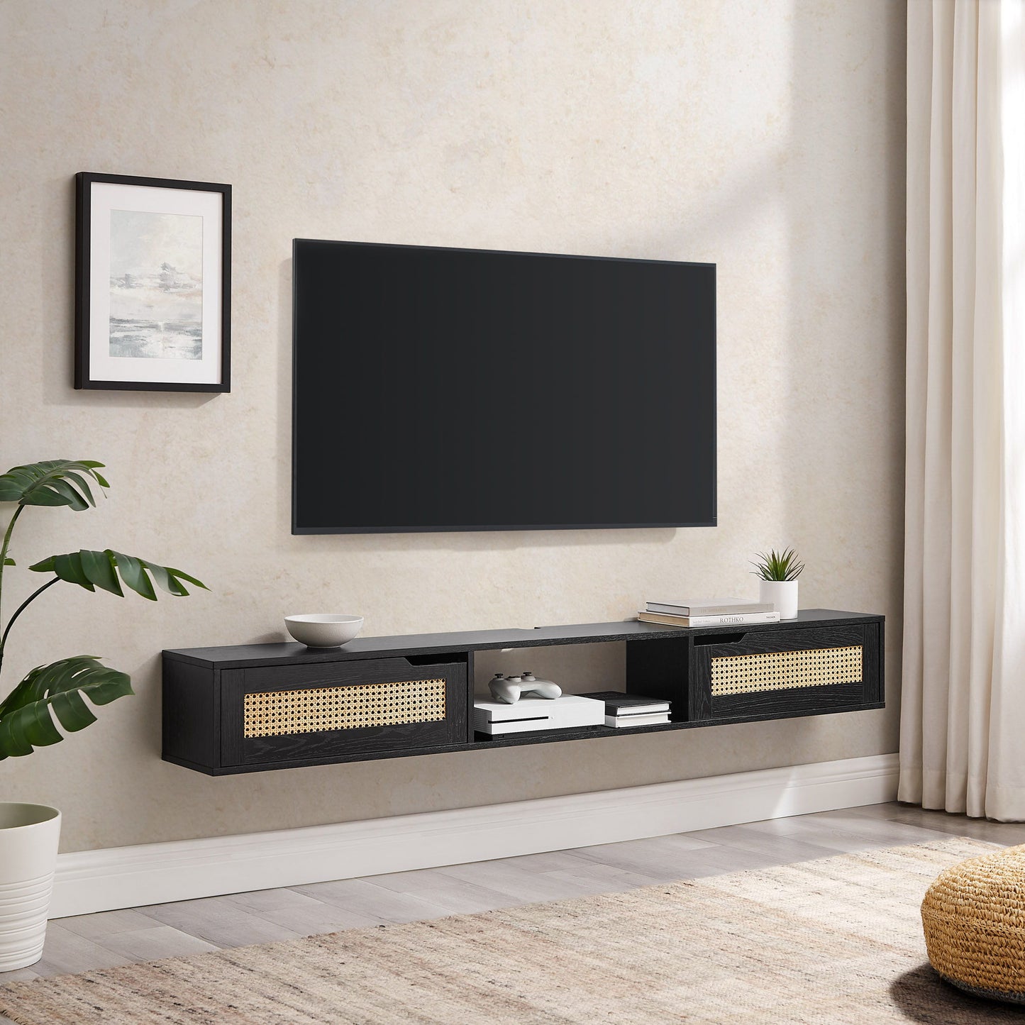 Modern Rattan Door Floating TV Stand For TVs Up To 80"