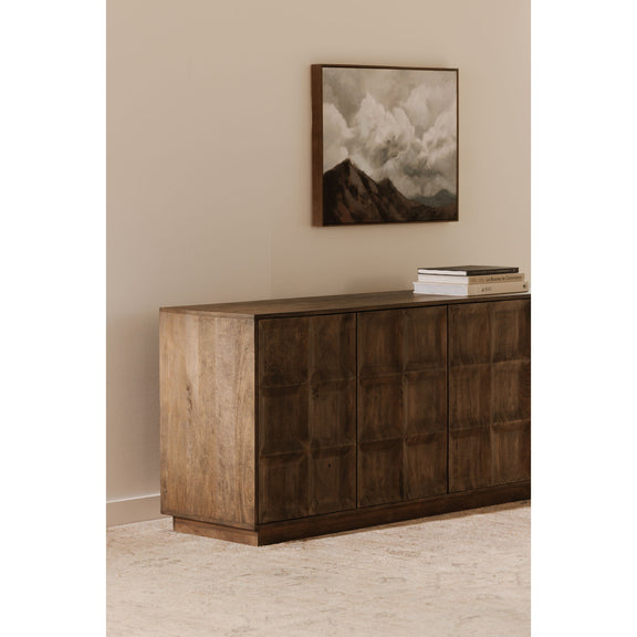 Deep brown sideboard with square paneled doors, squared legs, and flat top