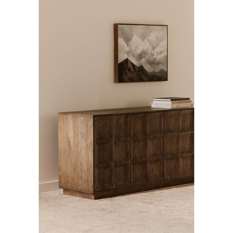 Deep brown sideboard with square paneled doors, squared legs, and flat top