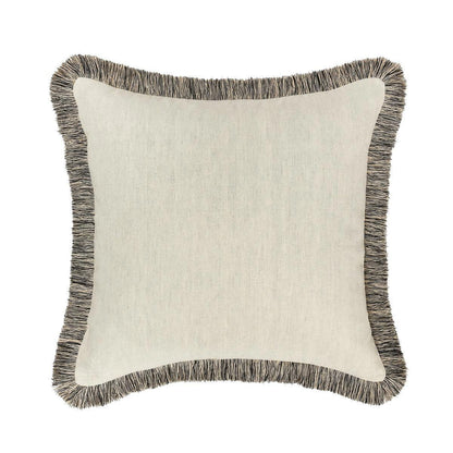 Natural linen square pillow with dark gray fringe along edges