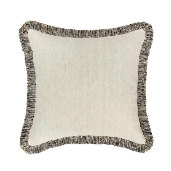 Natural linen square pillow with dark gray fringe along edges