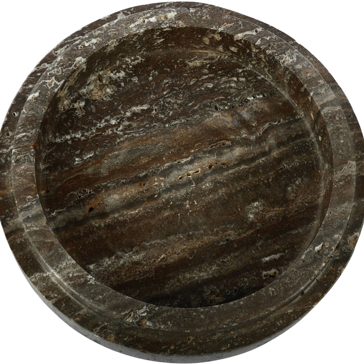 Parsons travertine bowl, dark brown-gray with swirling stone veining, round shallow shape
