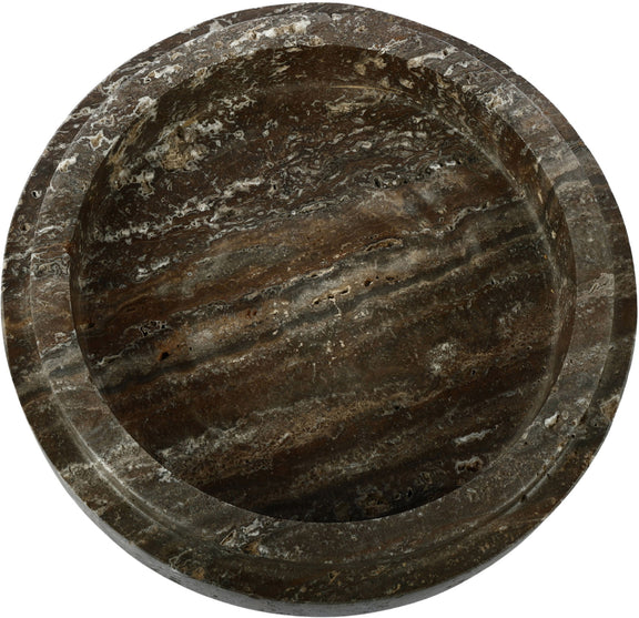 Parsons travertine bowl, dark brown-gray with swirling stone veining, round shallow shape