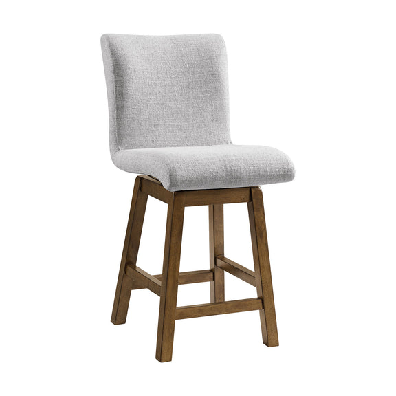 Gray upholstered counter stool with dark brown wooden frame and footrest rungs