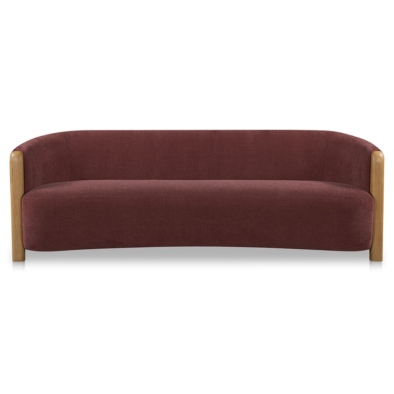 Berry purple upholstered 3-seat sofa with rounded arms and light wood frame