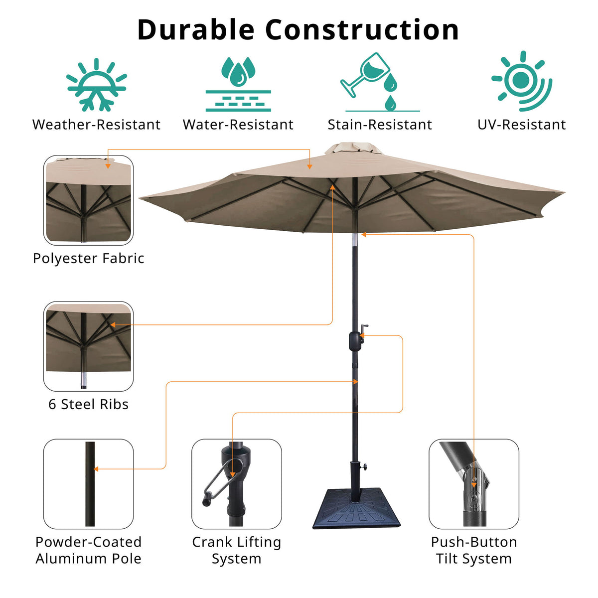 8.8' Outdoor Aluminum Patio Umbrella With 42 Pound Square Resin Umbrella Base